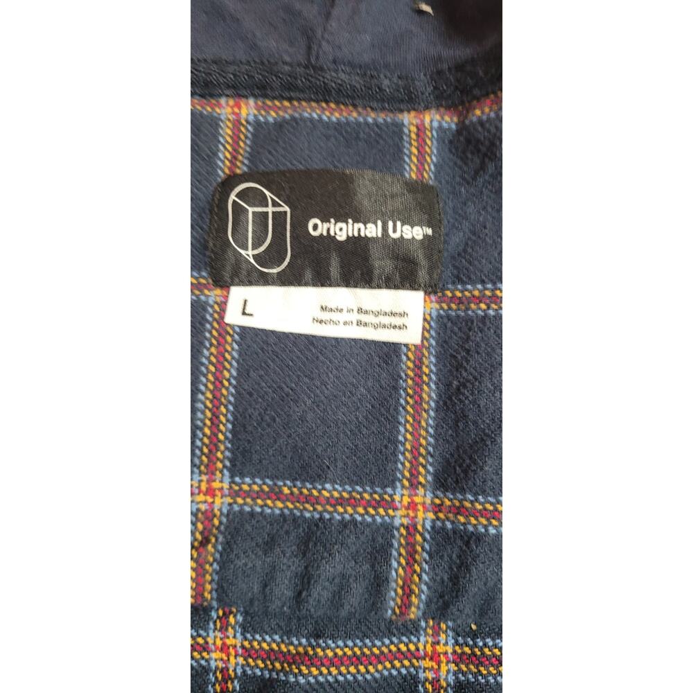 Original Use Mens Button Down Flannel Shirt L Hooded Shacket Navy Double Pockets - Picture 8 of 9